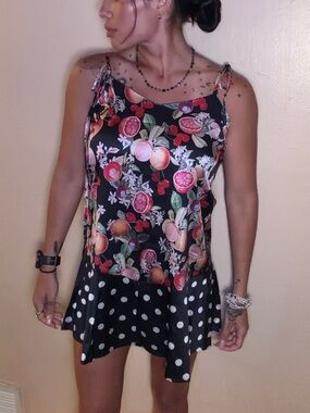 Floral Fruit Polka Dot Black Tie-Shoulder Summer Satin Dress